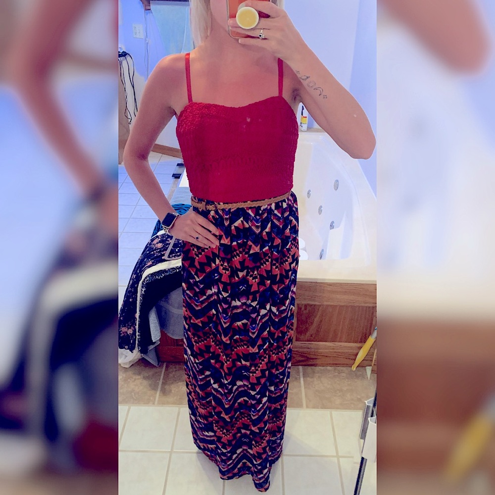 Red lace top, fun print maxi dress with belt